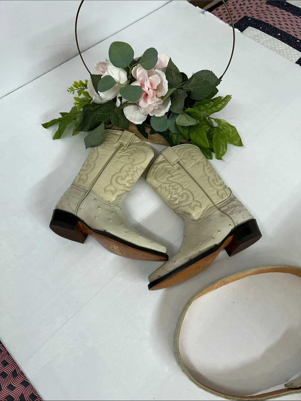 Kids  set Cream Western Ankle Boots with Pointed Toe